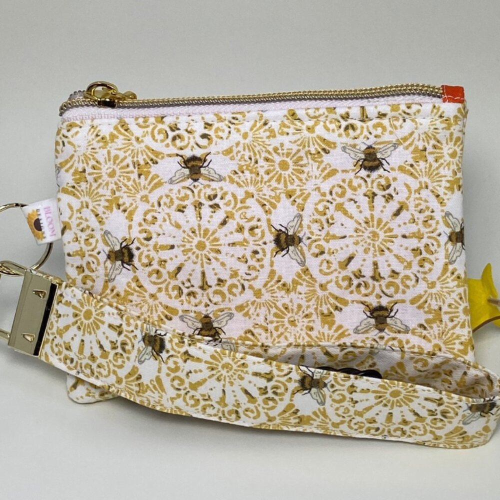 Cute Bee Hive Wristlet Wallet Coin Purse zipper pouch with Bumble Bee Fabric